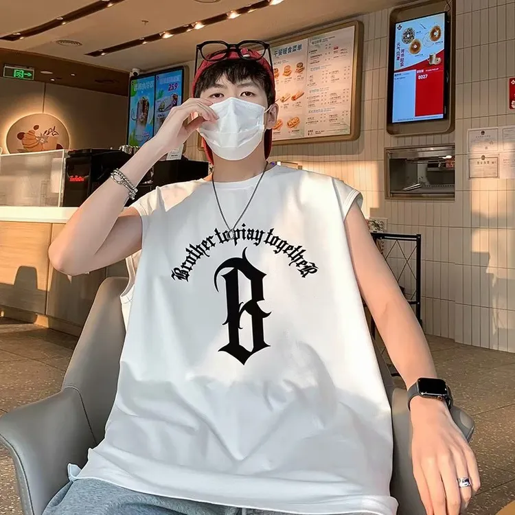 夏季宽松潮流港风ins无袖大码男士百搭外穿学生嘻哈韩版薄款T恤背