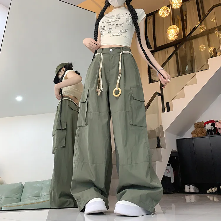 新款夏季美式腰绳挂坠口袋工装裤小个子宽松裤直筒裤阔腿裤拖地裤