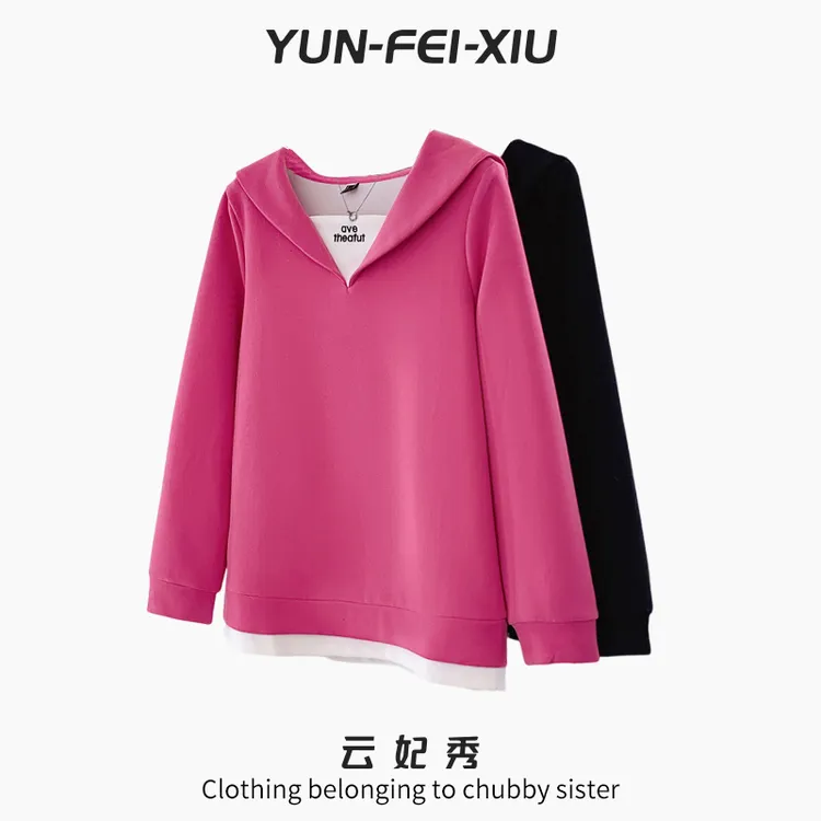 云妃秀【QP】大码女装卫衣时尚微胖宽松连帽纯色气质百搭秋季63728