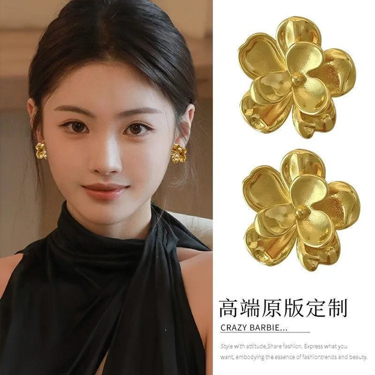 锌合金耳饰 金色夸张复古气质花朵耳环女高级耳钉新款小众方圆脸