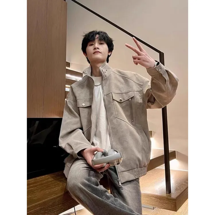 林社长2025春装新款夹克衫外套男立领痞帅潮流情侣皮夹克上衣外套