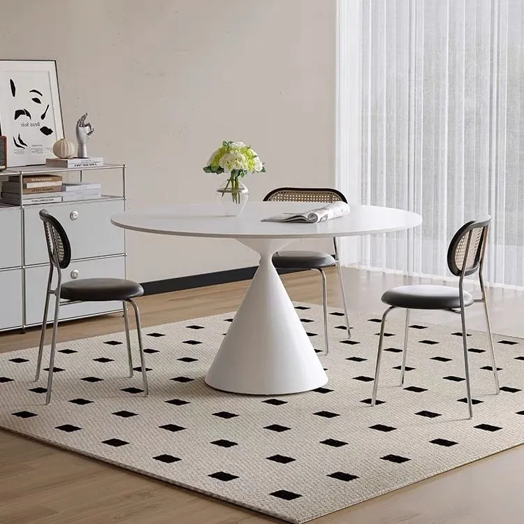 圆形餐桌岩板餐桌纯白色客厅简约圆桌象牙白风家用圆形组合小户型