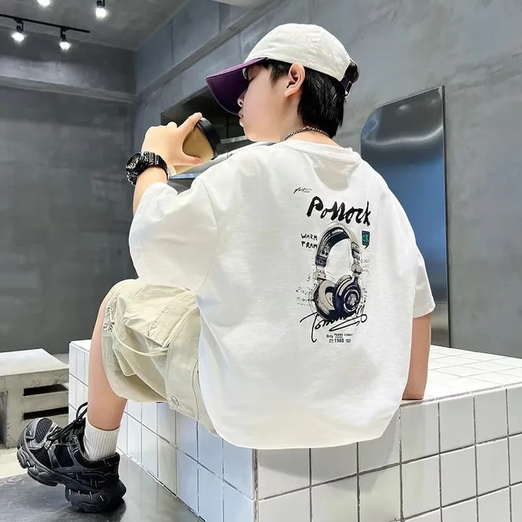 XINHE心禾男童夏款帅气短袖洋气耳机印花T恤2025薄款休闲舒适