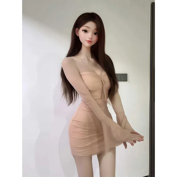 性感辣妹风V领褶皱绑带长袖连衣裙女秋季新款修身显瘦包臀裙长裙