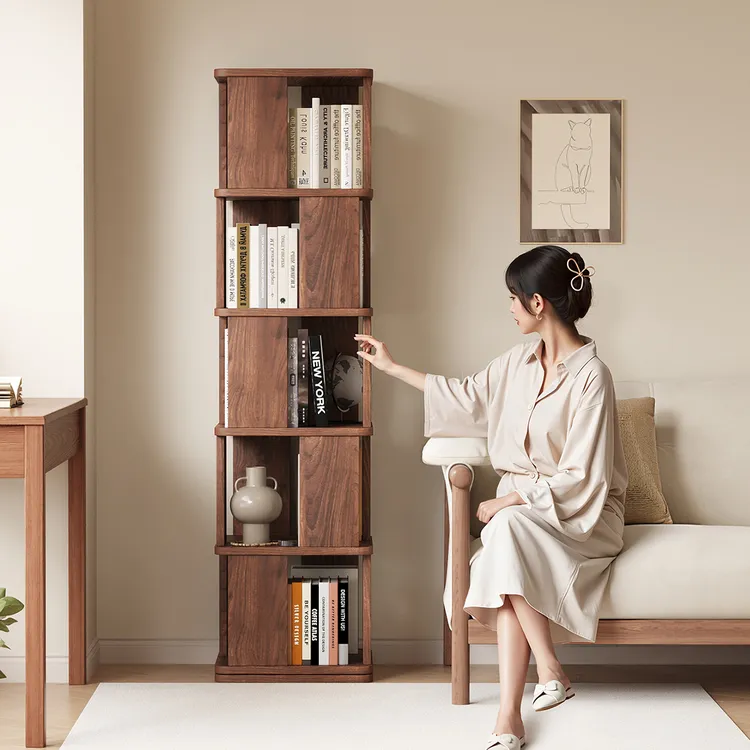 胡桃木旋转书架360度全实木书柜落地置物架客厅家用儿童储物柜子