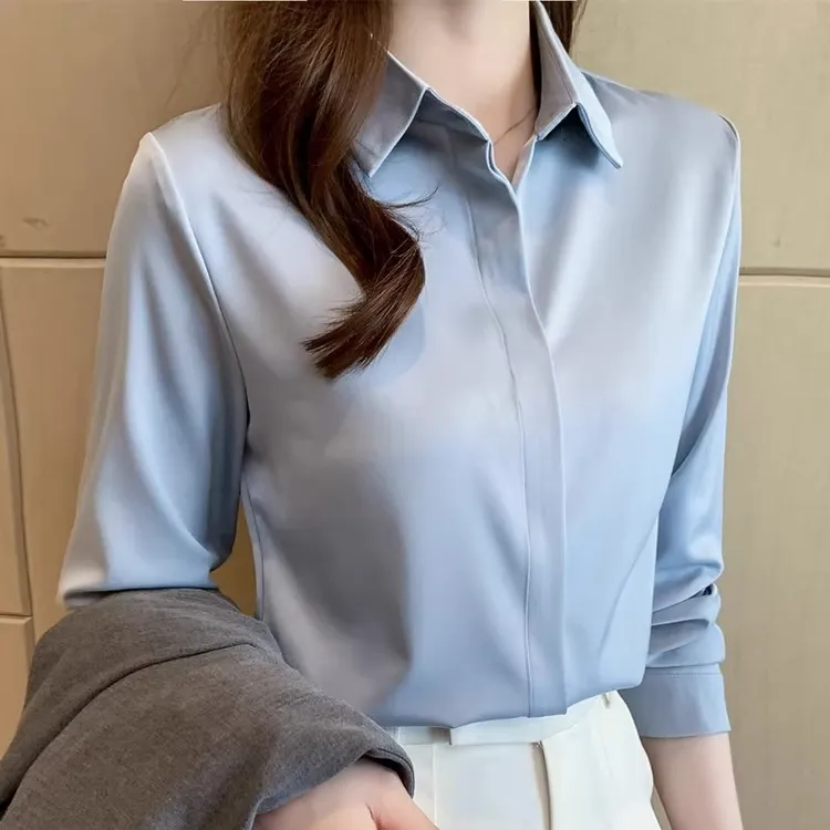 高端醋酸缎面长袖白衬衫女春秋职业通勤正装面试上衣