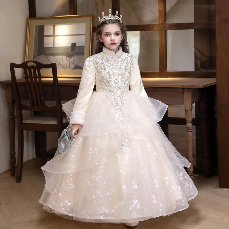 2025新款冬季女童花童婚礼小女孩礼服儿童婚纱公主裙轻奢小众高端