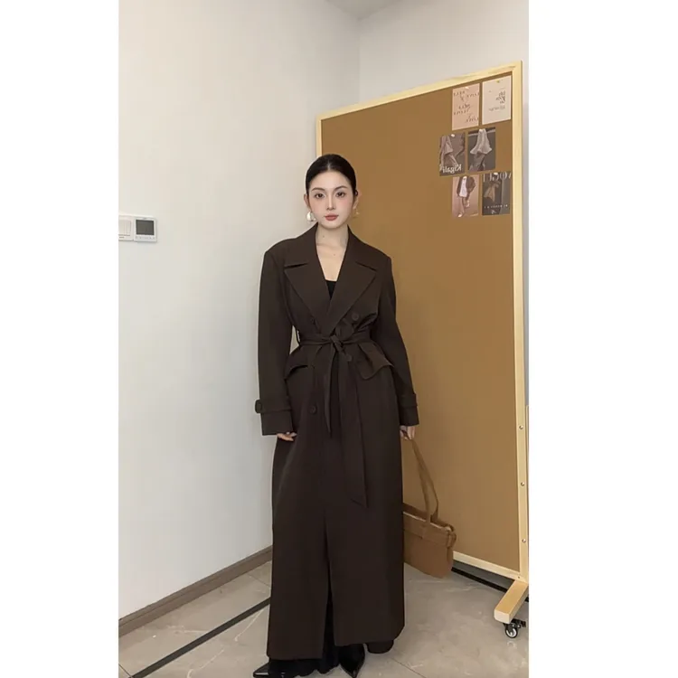 黑色超长款西装外套女风衣2025秋韩版系带收腰加长正肩双排扣大衣