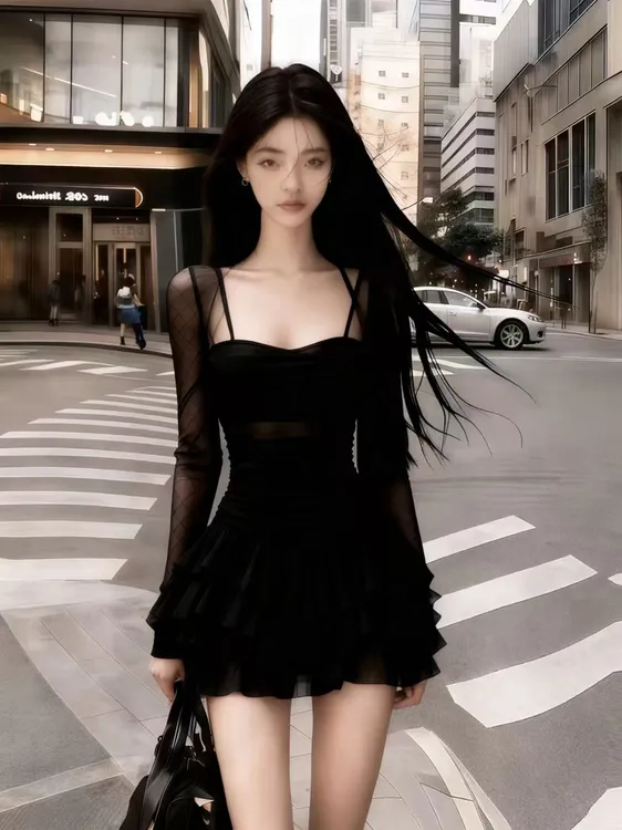 秋冬韩版时尚氛围感千金风黑色网纱方领长袖高腰气质显瘦连衣裙