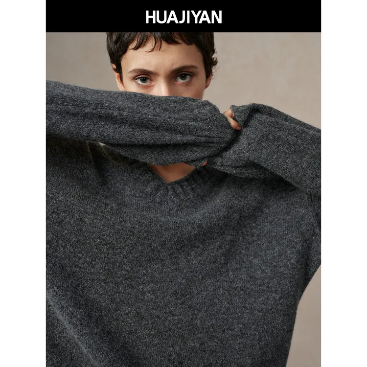 华吉言/HUAJIYAN【桃心毛衣】羊毛羊驼毛混纺针织卷边V领套头毛衣