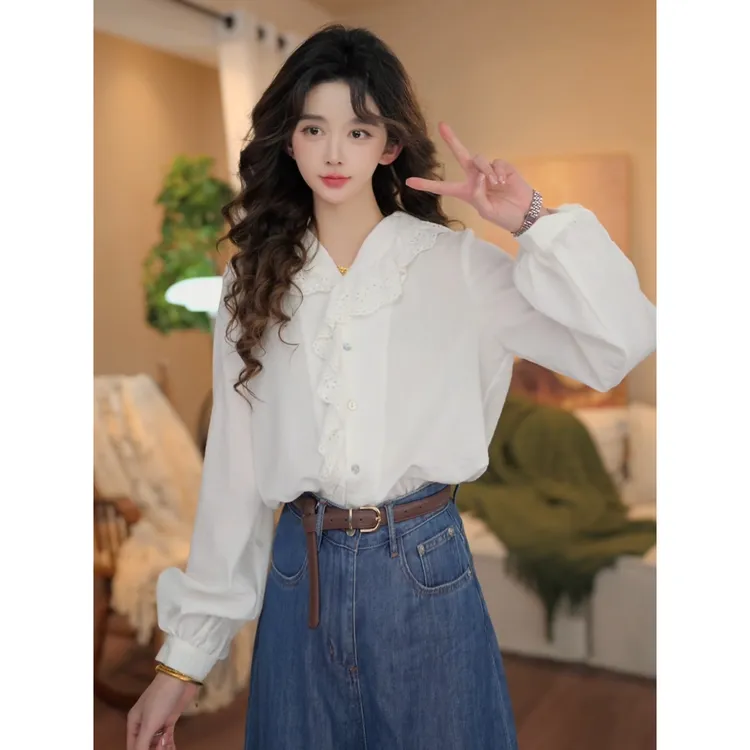 余紫绮【暮白】复古纯色长袖衬衫女宽松显瘦上衣ZK0725320