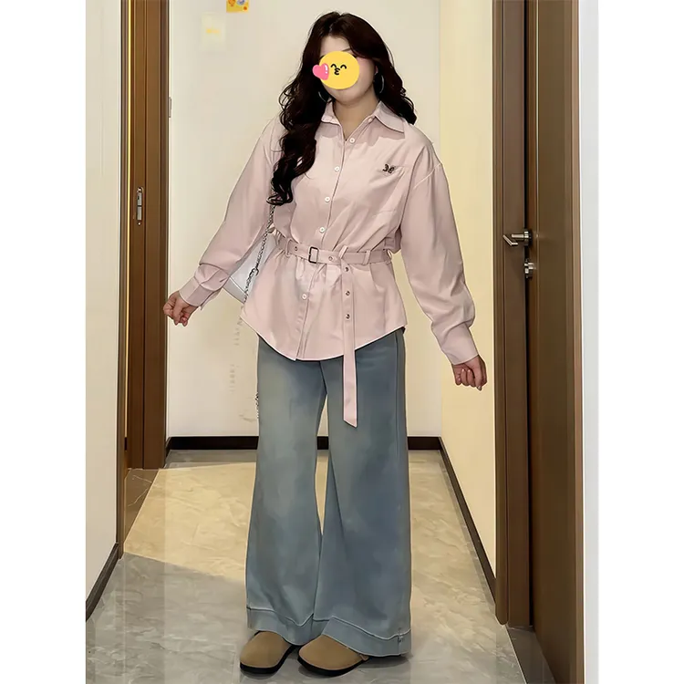 大码胖MM纯欲风polo领腰带粉色衬衫女早秋高级感复古收腰显瘦上衣