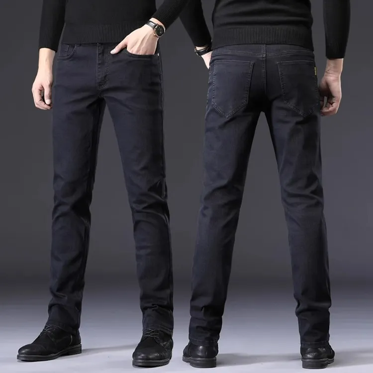 香港2025秋冬黑色牛仔裤男修身直筒弹力休闲高端百搭加绒春季长裤