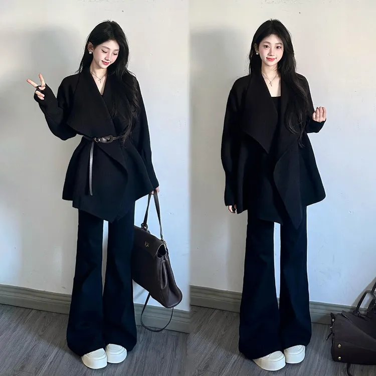 早秋季新款韩系高级感黑色收腰翻领外套上衣高腰显瘦微喇裤套装女