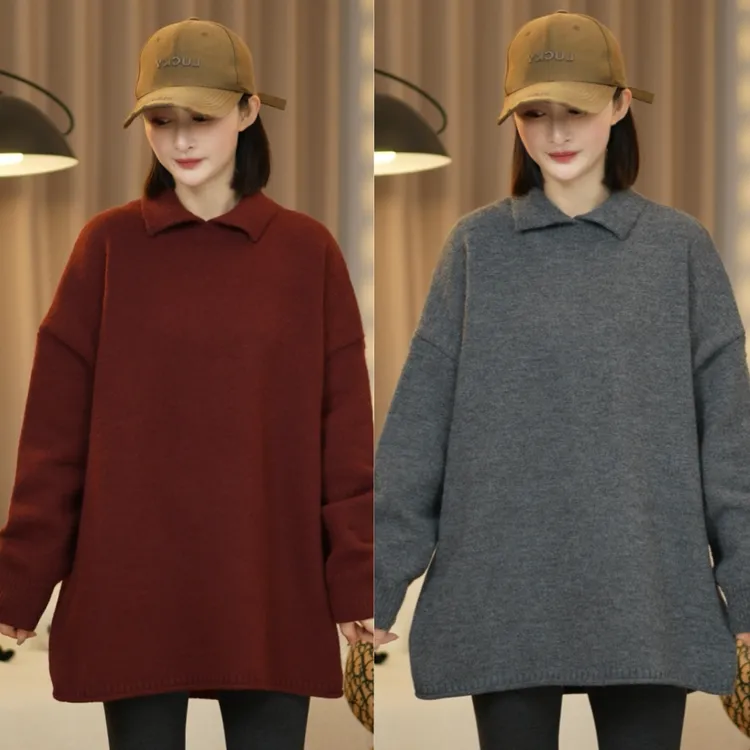 秋冬新欧货韩系小翻领中长款毛衣洋气百搭时尚宽松遮肉显瘦针织衫