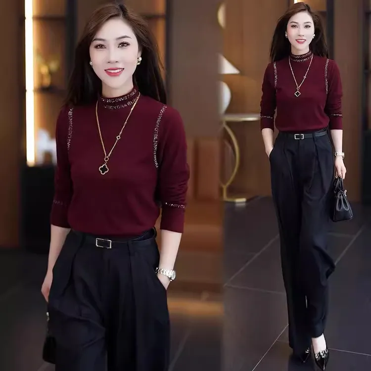 时尚套装女2025春秋新款洋气质半高领烫钻长袖打底衫阔腿裤两件套