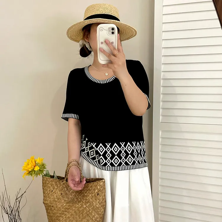特大码女装纯欲慵懒风圆领上衣针织衫2025夏胖mm休闲宽松短袖t恤