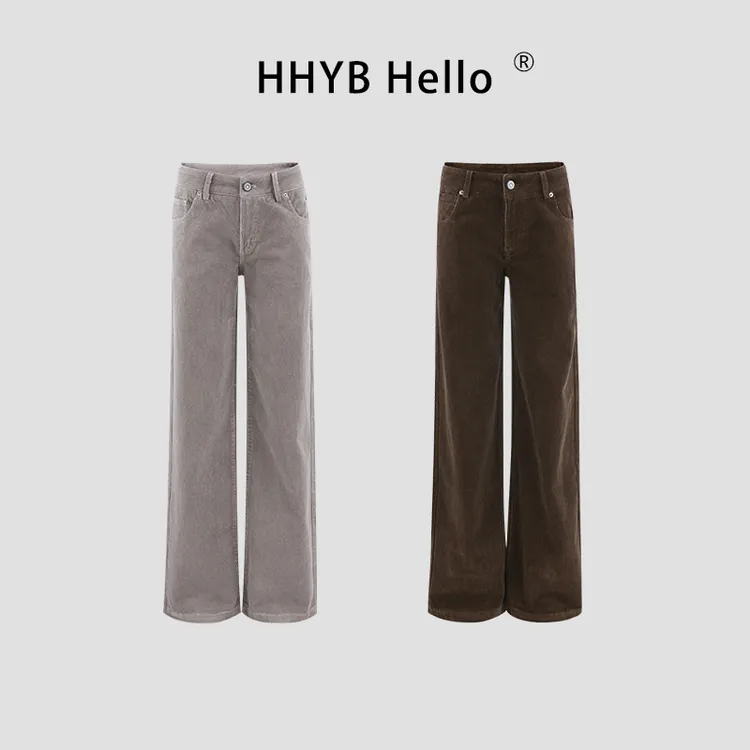 HHYB Hello灯芯绒复古中低腰直筒休闲长裤百搭宽松Q254378