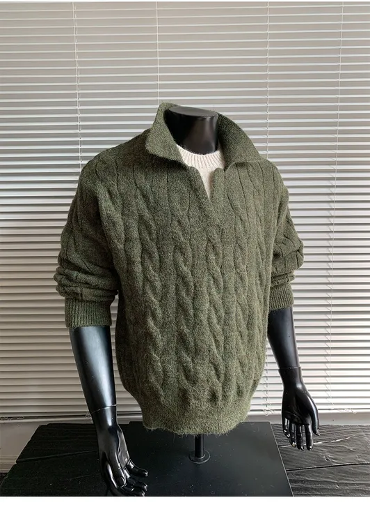 cleanfit复古绞花假两件拼接POLO领毛衣男秋冬潮牌情侣休闲针织衫