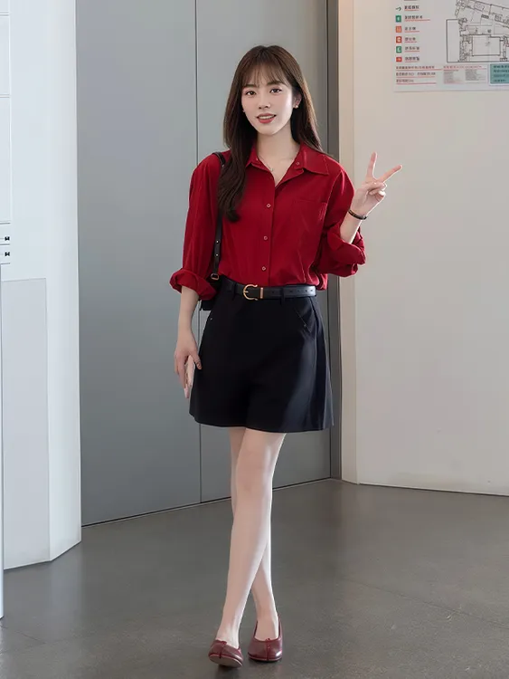 复古港风红色防晒长袖衬衫2025夏季高腰西装直筒阔腿裤子两件套