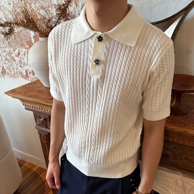 G-TRE‘永生花纽扣’夏季针织浮雕麻花高智感松弛针织短袖polo衫