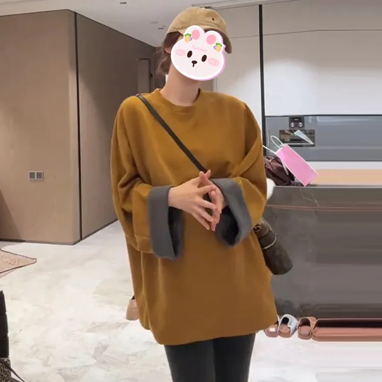 洋气减龄撞色袖口圆领卫衣女2025秋冬季宽松显瘦时尚通勤百搭上衣