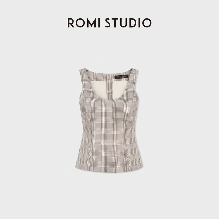ROMI STUDIO16姆米桑蚕丝正反两穿U领格纹背心马甲RWDRSU1787