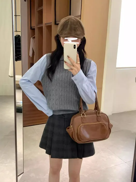 学院风套装简约气质假两件针织拼接衬衫女装秋季格纹半身裙两件套