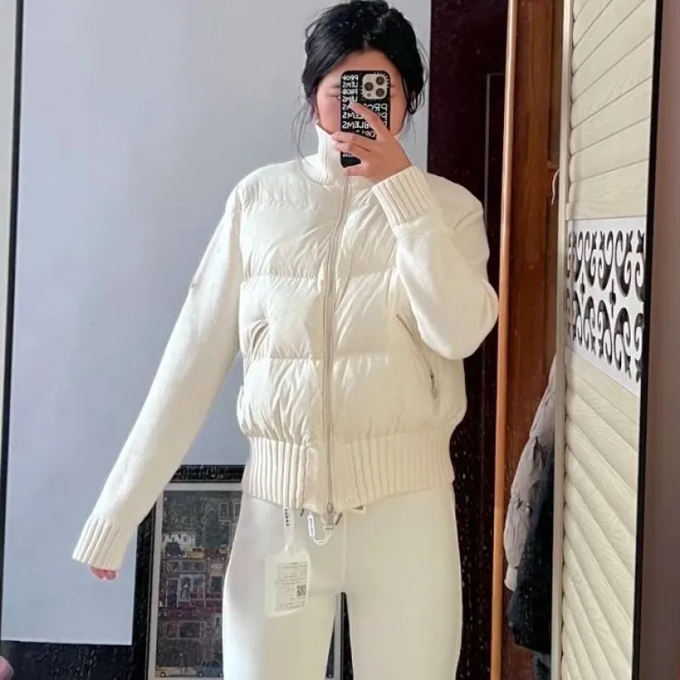 白色针织拼接服女款2025新款冬季加厚夹棉外套短款轻薄棉袄