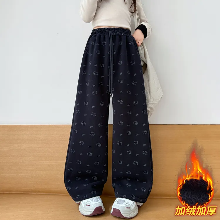 女童裤子秋冬季加绒加厚休闲裤2025新款中大童韩范百搭卡通阔腿裤