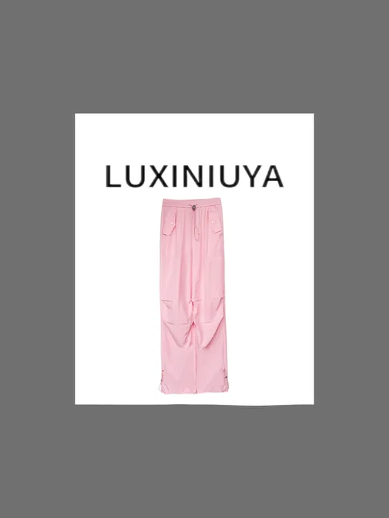 【LUXINIUYA】高街欧美款褶皱设计感直筒抽绳工装长裤#CX3748