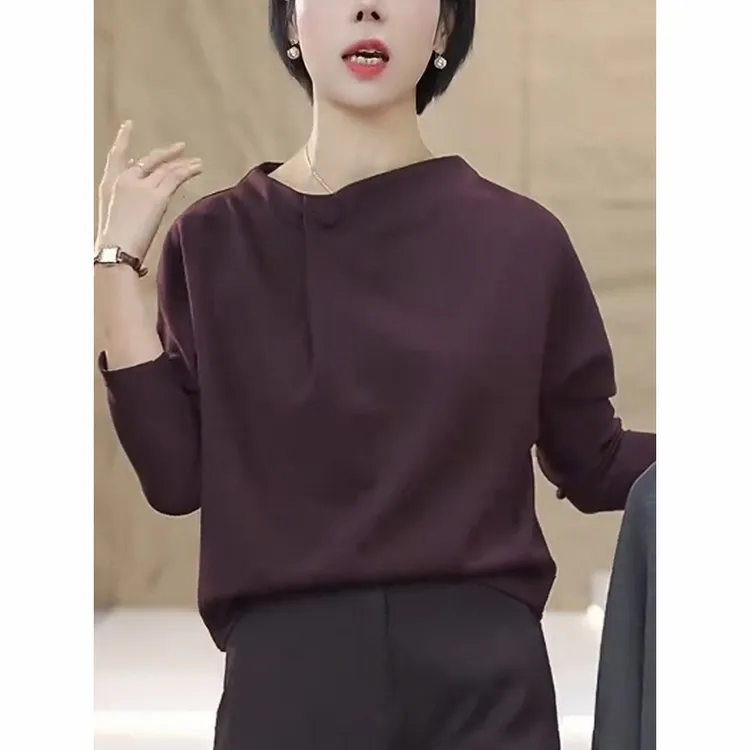 紫色长袖t恤女士2025秋季新款时尚减龄宽松显瘦短款立领打底上衣