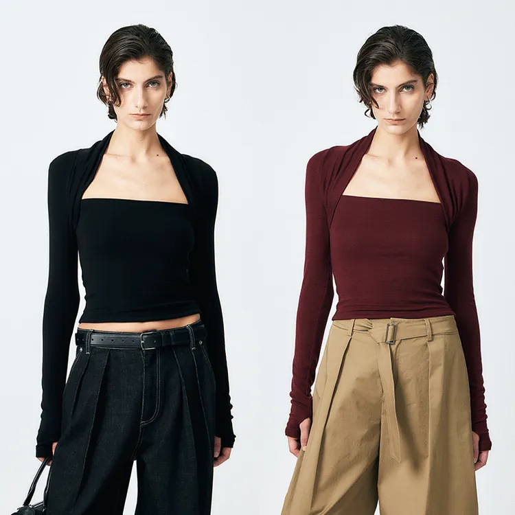 棘光THORNSAURA柔垂弹力假两件袖套百搭针织上衣显瘦-T2509ZW629