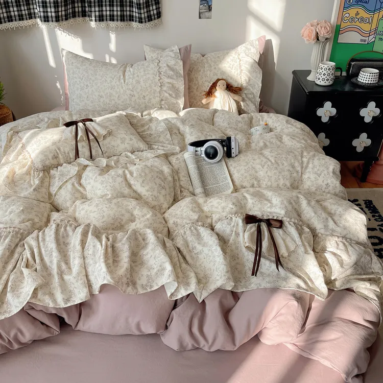 韩版小清新碎花少女心蝴蝶结四件套柔软水洗棉