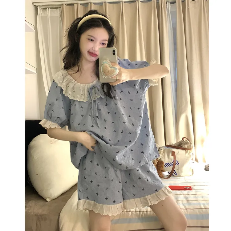 夏季公主风薄款甜美宽松纯棉睡衣女100%全棉圆领可外穿家居服套装