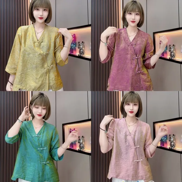 敏宝儿➕6887新款夏季新中式V领时尚轻薄分袖百搭上衣