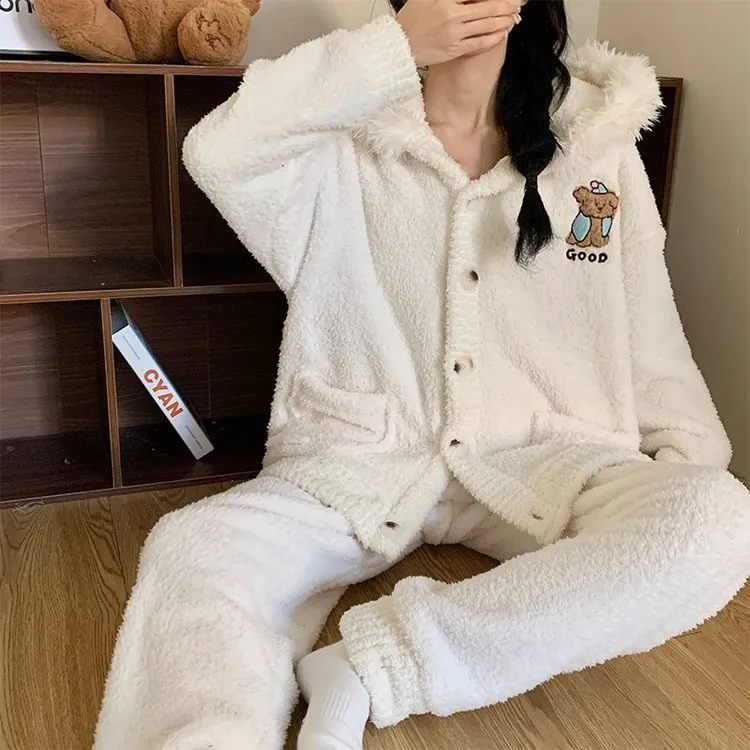 连帽绒款睡衣女款爆款2025新款秋冬季家居服甜美可爱开衫保暖套装