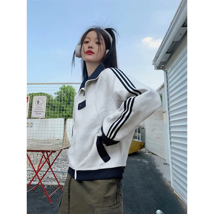 美式高街条纹夹克外套男秋潮牌拼接青少年上衣宽松百搭运动棒球服