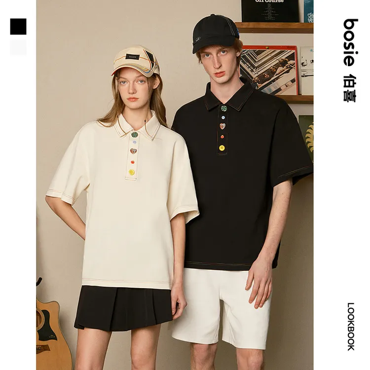 bosie2025年夏季美式趣味彩色扣子短袖polo衫男情侣休闲翻领t恤潮