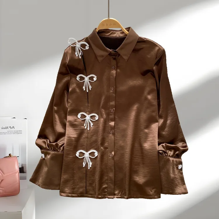 法式轻奢名媛重工钉钻蝴蝶结长袖缎面衬衫女宽松洋气上衣小众女装