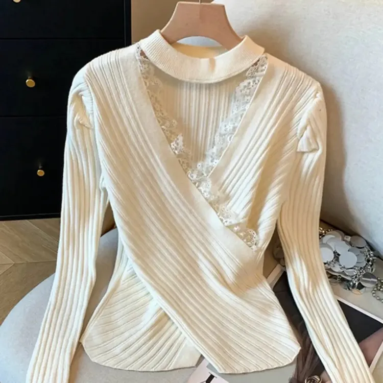 挂脖蕾丝拼接v领针织衫女2025秋冬季新款交叉打底衫内搭洋气上衣