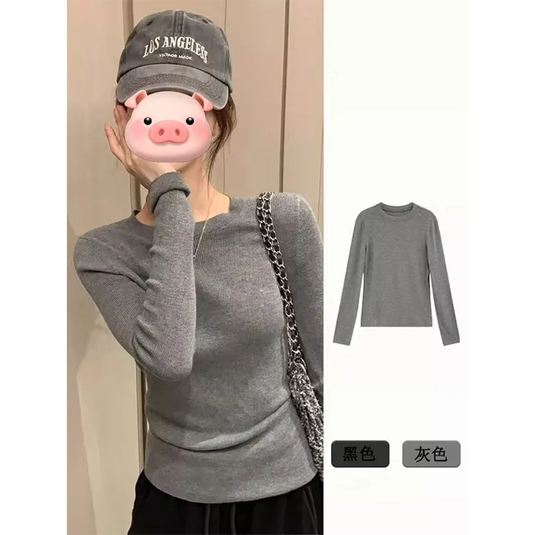 灰色圆领针织打底衫女2025早秋新款修身显瘦内搭毛衣独特别致上衣