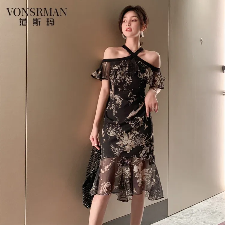 欧洲站茶歇裙女法式复古雪纺一字肩鱼尾黑色碎花连衣裙2025新款夏