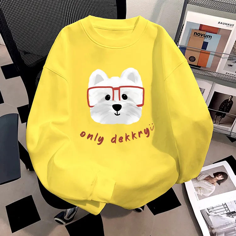Dekkry卡通原创可爱眼睛狗印花秋冬纯棉长袖男女百搭t恤黄色上衣
