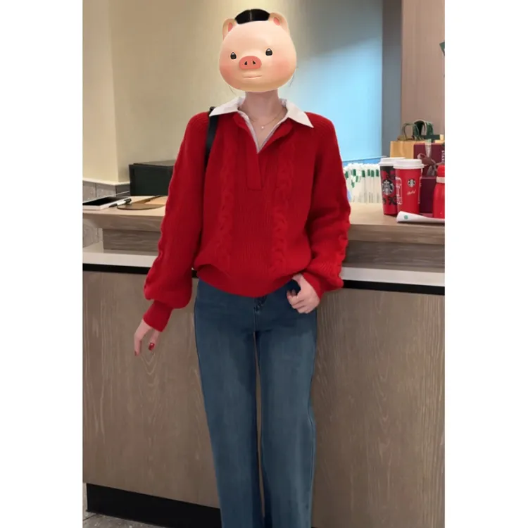 本命年新年战袍红色衬衫拼接翻领套头毛衣女秋冬慵懒风针织衫上衣