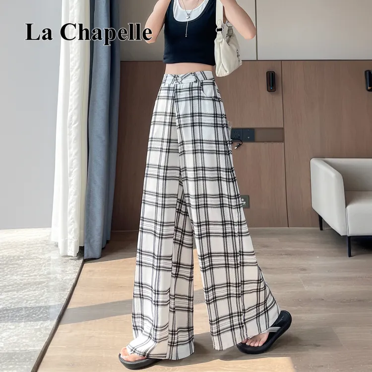 拉夏贝尔复古冰丝格子西装阔腿裤女夏季高腰慵懒风直筒休闲拖地裤