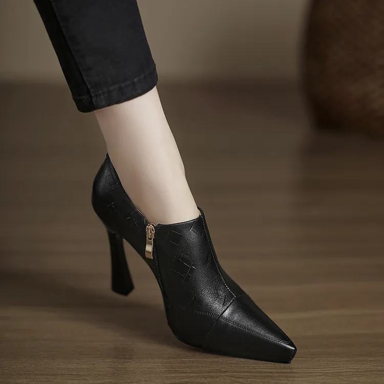 小个子手工女鞋10cm~复古英伦风尖头高跟鞋女细跟小皮鞋深口单鞋