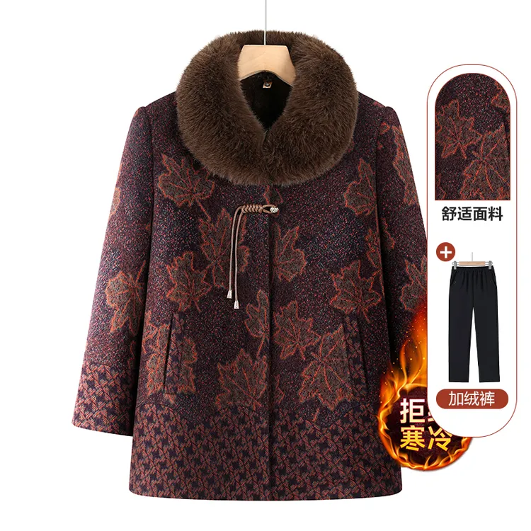 老年人冬装女奶奶外套加绒加厚宽松妈妈仿貂绒毛领大衣老太太衣服