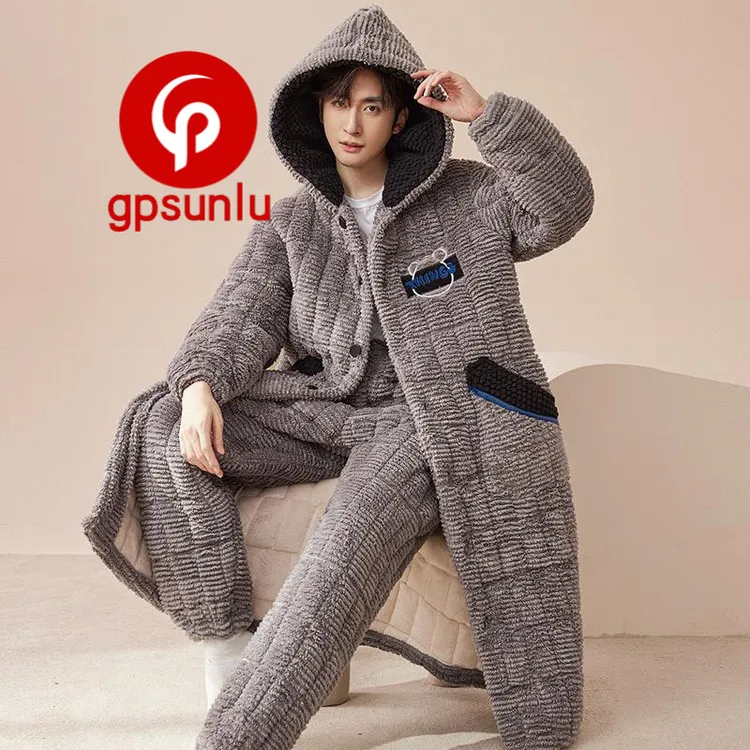 GPsunlu睡袍男款冬季珊瑚绒三层夹棉加厚加绒睡衣保暖家居服套装