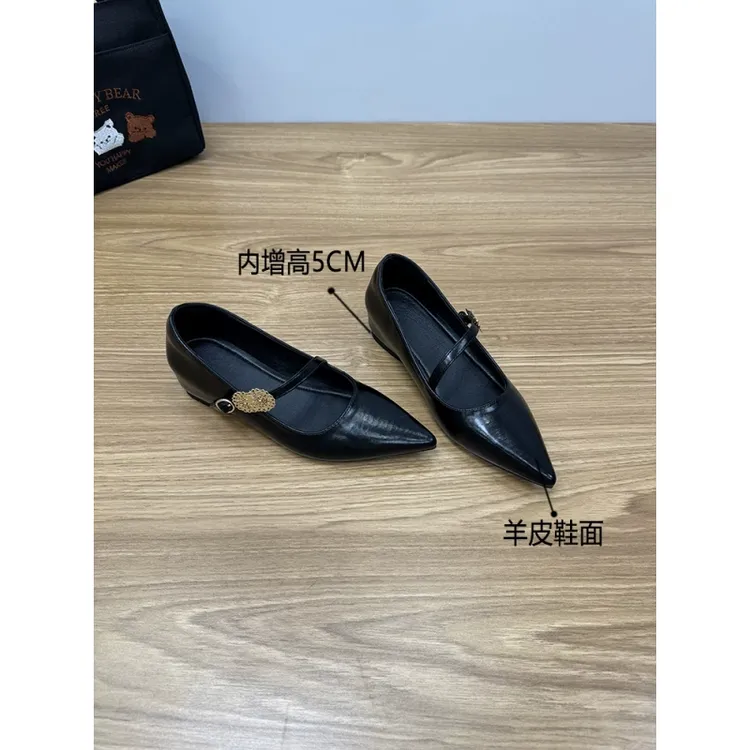 羊皮版内增高5cm法式平底尖头玛丽珍鞋黑色低跟气质配裙子单鞋女